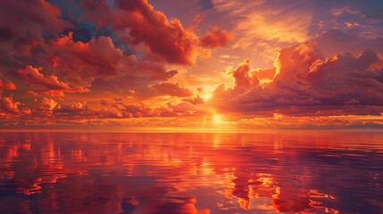 Vibrant orange and red clouds floating above a still sea at sunrise, their colors creating a stunning reflection on the water