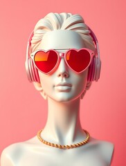 classical marble sculpture wears pink heart-shaped sunglasses and modern headphones, blending antiquity with contemporary pop culture. Perfect for stock uses in art, humor, and creative marketing.