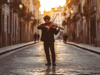 Street musician playing violin in warm sunset light on cobblestone street