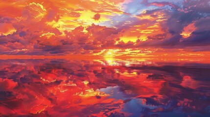 Fototapeta premium Vibrant orange and red clouds floating above a still sea at sunrise, their colors creating a stunning reflection on the water