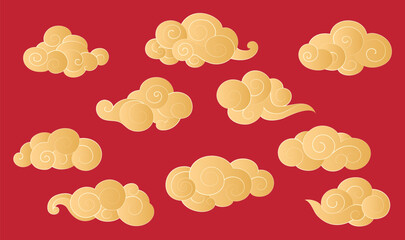 Collection of yellow Chinese moire material on a red background
