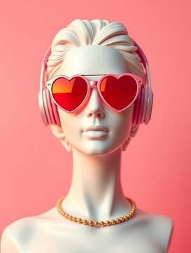 classical marble sculpture wears pink heart-shaped sunglasses and modern headphones, blending antiquity with contemporary pop culture. Perfect for stock uses in art, humor, and creative marketing.