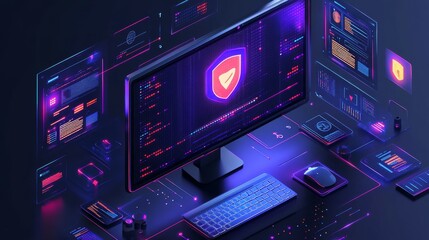 Futuristic Cybersecurity Interface with Computer Monitor and Colorful Elements
