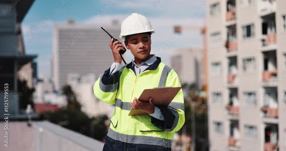 Poster communication, radio and woman with clipboard, engineering or feedback for project. building develop