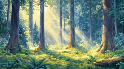 Obraz premium Sunlit Forest With Tall Trees And Lush Green Undergrowth