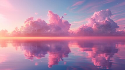 Vibrant pink and purple clouds floating above a tranquil sea during sunset, reflecting on the water