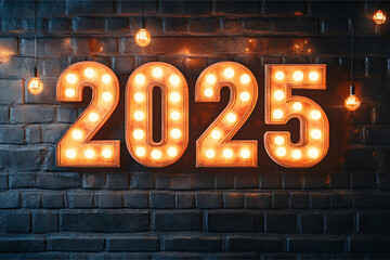 2025 text effect style celebrating new year with lights and decorations with spotlight above background.