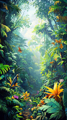 Lush tropical rainforest with vibrant flora and fauna, dense vegetation