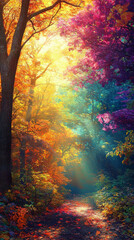 Vibrant autumn forest with colorful foliage and sunlight streaming through trees