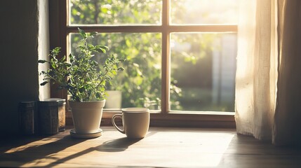 Fototapeta premium Morning Sunlight Streaming Through a Window with Minimalist Setup