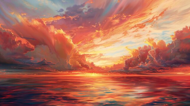 Vibrant red and orange clouds hovering above a serene sea at dawn, their colors casting a magical glow on the water