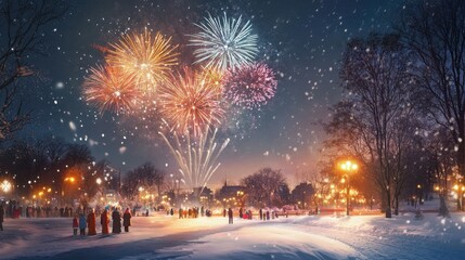 Fireworks explode over snowy park at night.