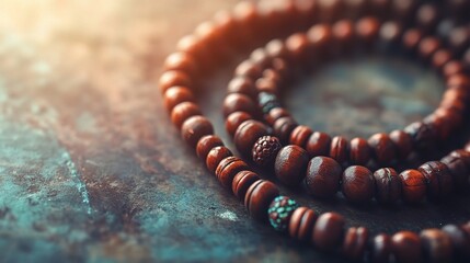 Serene Wooden Prayer Beads on Rustic Surface for Spiritual Practice