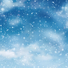 Fototapeta premium Snow-covered landscape with falling snowflakes under a cloudy sky. Winter season background. Concept of cold weather and snowfall