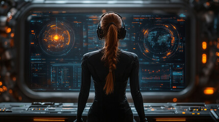 woman wearing headphones, deeply focused, symbolizing concentration, inner peace, and connection to music or sound, capturing a moment of introspection or personal enjoyment