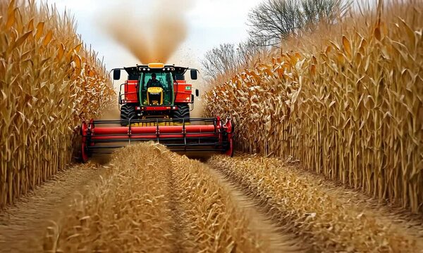 Red combine harvester harvesting dry corn in an autumn field.