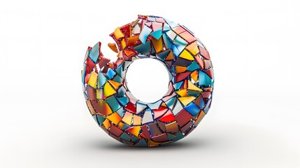 A colorful, fragmented sphere with a hole in the middle.