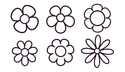 Vector set of different icons, hand drawn outline type of flowers. Daisy, sunflower, camomile, gerbera flower for children coloring book, pages, kids game, application