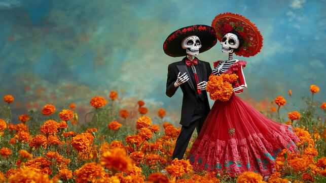 A whimsical Valentine adaptation of Día de los Muertos motifs, featuring skeleton couples dressed in traditional Mexican attire dancing in a field of marigolds.