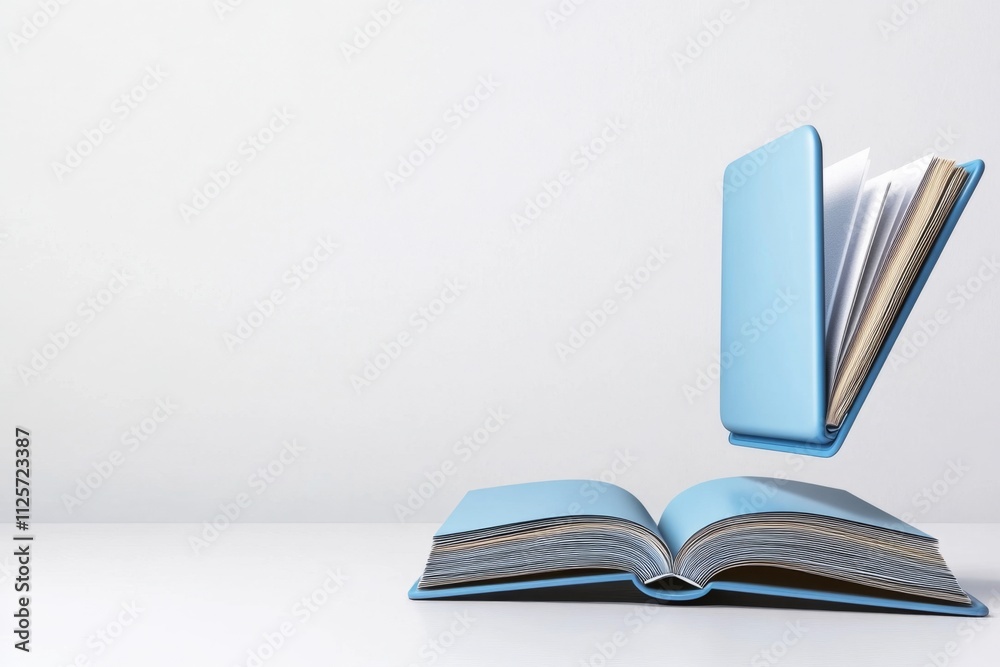 Poster a clean illustration of a stylized ebook icon with a book emerging from a screen, drawn in soft grad
