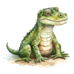 Fototapeta premium Cute cheerful little crocodile illustration full body white educational material children's storybook decor art wild animal green scales lifelike smile boy nursery room card river safari clipart zoo