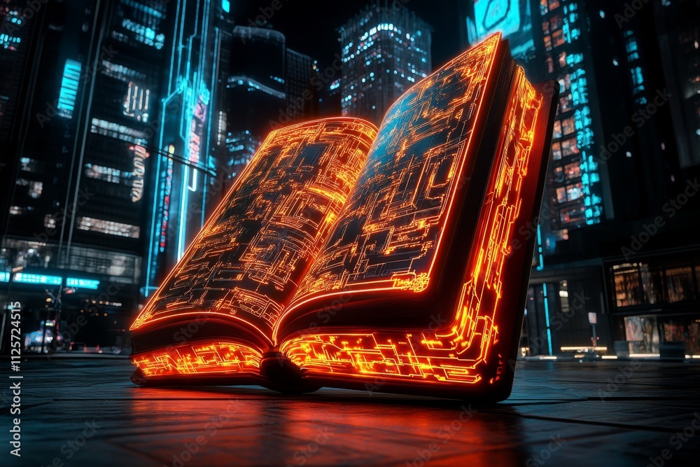 Poster a cyberpunk-themed depiction of an ebook reader with neon-lit pages and a glowing holographic displa