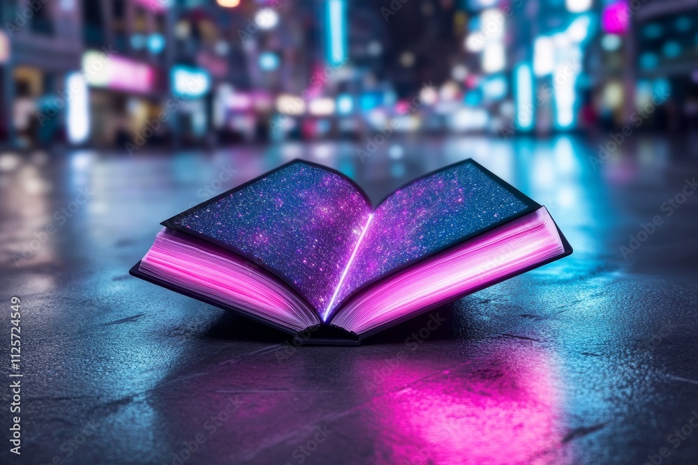 Poster a cyberpunk-themed depiction of an ebook reader with neon-lit pages and a glowing holographic displa