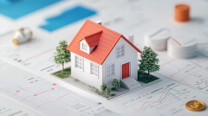Model house on financial documents representing real estate investment
