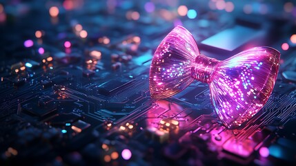 Holographic bow integrated on circuit board, symbolizing strength in advanced technology