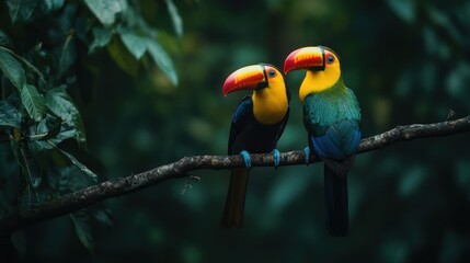 Fototapeta premium Two Toucans Perched on a Branch in a Lush Rainforest