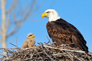 Fototapeta premium A detailed shot of an eagle feeding its chick in a nest, surrounded by twigs and leaves, with a blue sky in the background