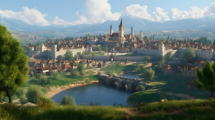 Fototapeta premium Medieval Cityscape: A breathtaking panorama of a picturesque medieval city nestled amidst rolling hills and a serene lake. The towering structures and cobblestone streets evoke a sense of history.