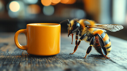 whimsical close-up of a bee perched on a miniature coffee mug, sipping as if on a break. Highlights the balance of nature's industriousness with humor and creativity in a surreal setting