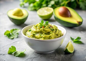 Obraz premium Tilt-Shift Avocado Guacamole Dip Bowl - Healthy Recipe Stone Background Food Photography