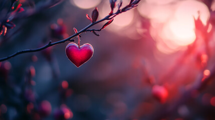 Romantic heart ornament hanging from a branch amidst a dreamy sunset backdrop on Valentine's Day