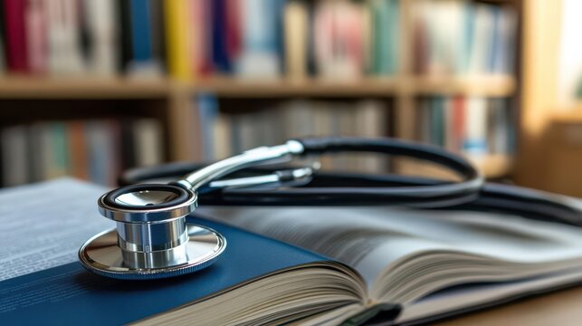 A stethoscope rests on an open medical textbook, symbolizing healthcare and education.