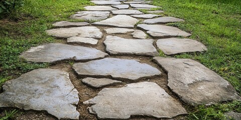 A stone pathway winding through lush green grass, inviting exploration and tranquility.