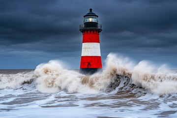 Obraz premium A dynamic shot of a stormy sea, with waves crashing against a lone lighthouse standing resiliently