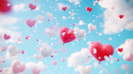 Colorful hearts floating in a blue sky with fluffy clouds for Valentine's Day celebration