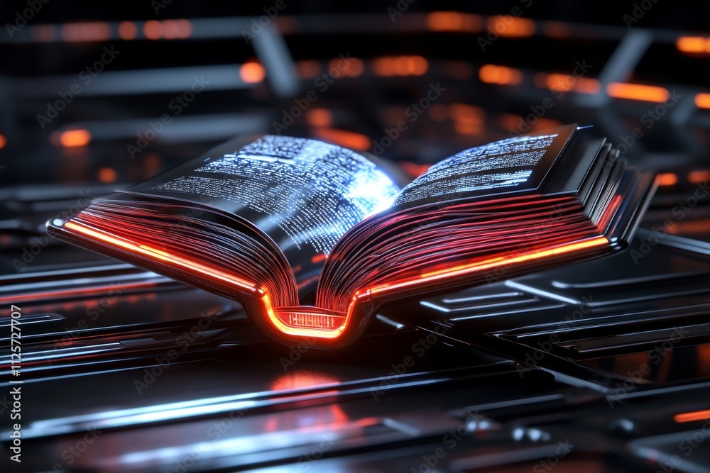 Poster A futuristic depiction of an ebook reader with a holographic screen projecting interactive book pages, set against a high-tech background
