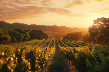 Fototapeta premium Stunning sunset over an elite vineyard rows of vines on a scenic hillside landscape