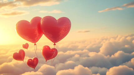 Fototapeta premium Heart-shaped balloons floating in the sky against a beautiful sunset for Valentine's Day celebration