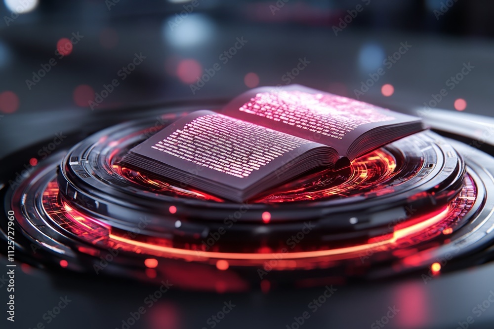 Aufkleber A futuristic editing interface projected in holographic 3D, with a glowing manuscript surrounded by dynamic AI editing tools