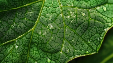 Obraz premium detailed closeup of leaf texture showcasing intricate patterns and water droplets on vibrant green foliage