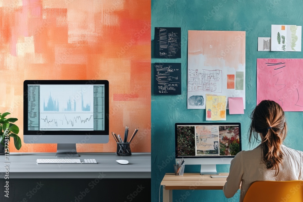 Poster a minimalist workspace with clean lines contrasts an artistic display filled with colorful sketches 