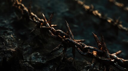 Rusty iron barbed wire close-up with sharp points on a textured surface, evoking a sense of danger and confinement in a dark setting