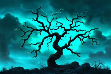 A gothic depiction of a tree thriving in a dark, desolate wasteland, with glowing green leaves and ominous skies