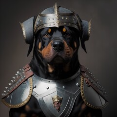 Portrait of a strong rottweiler in armor and helmet