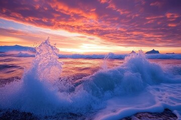 A stunning sunset over ocean waves, showcasing vibrant colors and natural beauty.