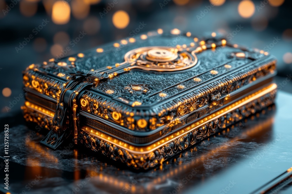 Poster a gothic ecommerce marketplace interface displayed on a dark, ornate tablet, with glowing icons and 